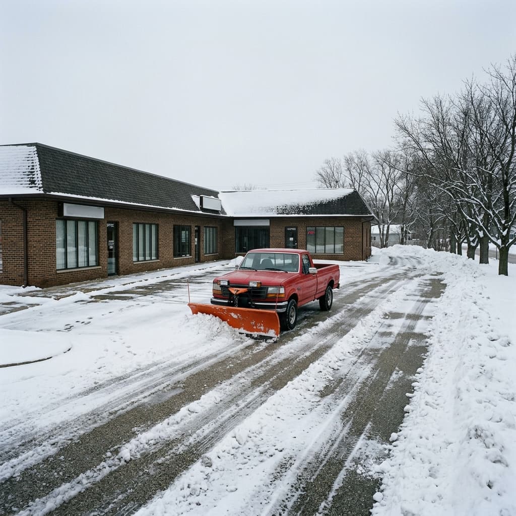 A plow truck clearing a commercial parking lot