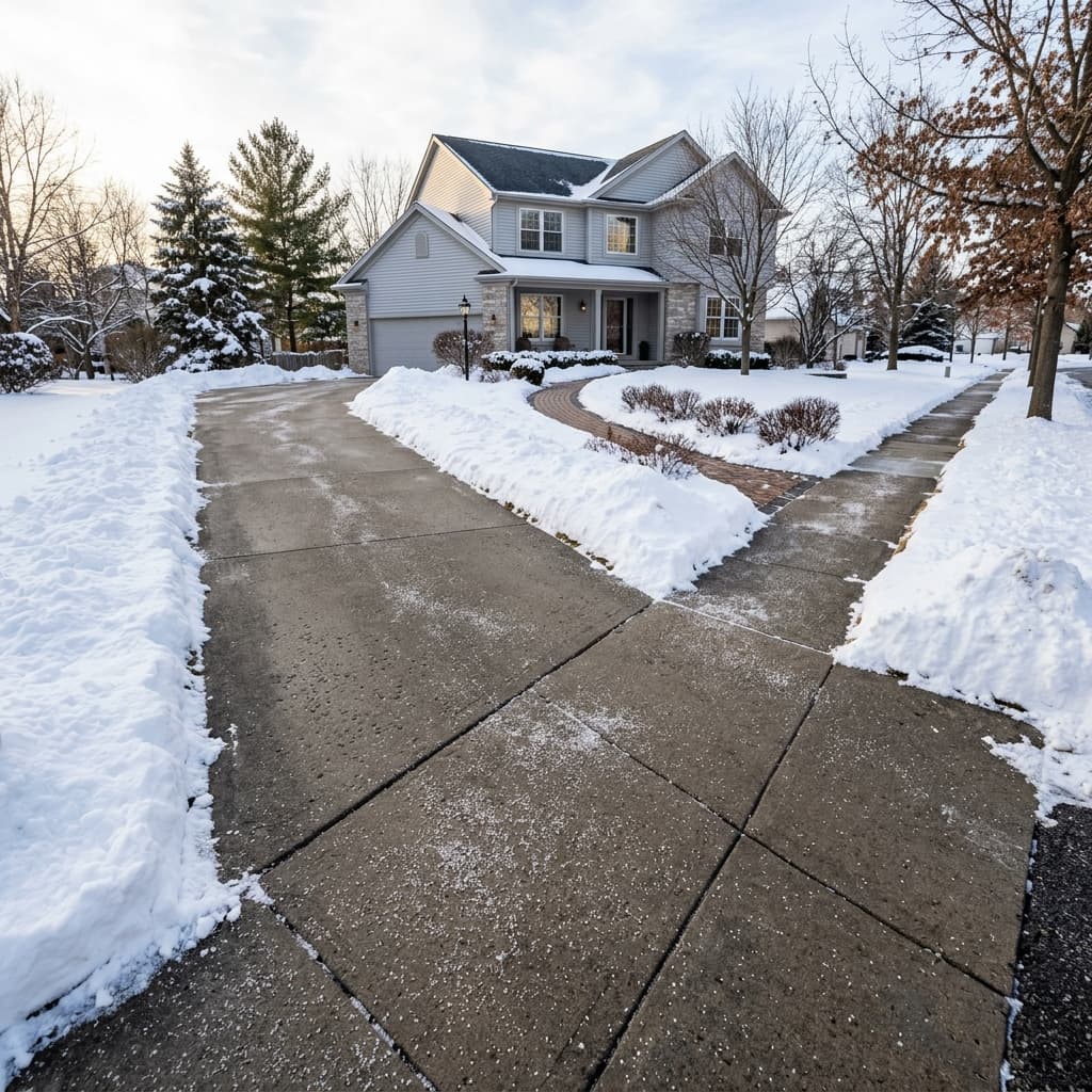 A freshly cleared and salted driveway and sidewalk