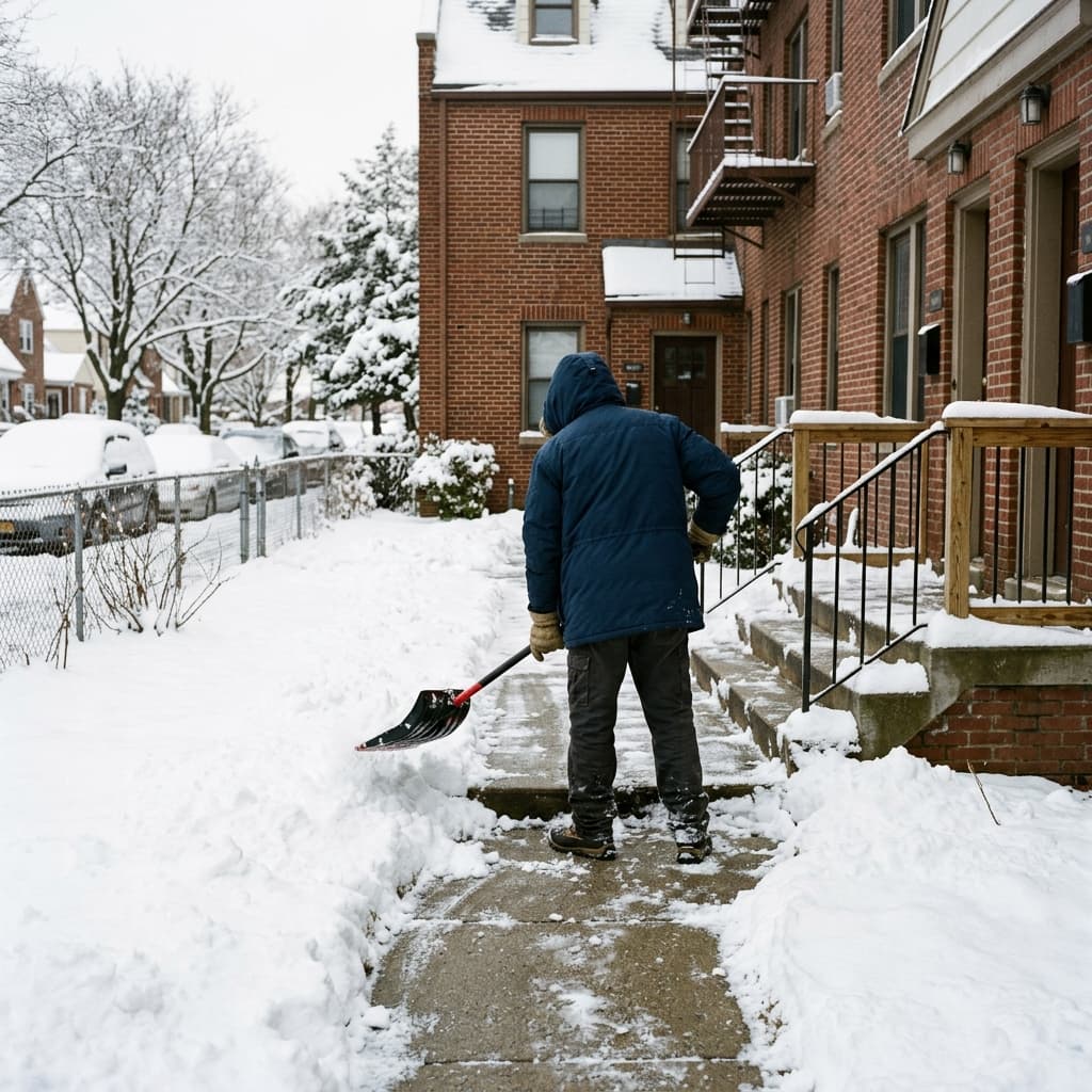 Shoveling snow off apartment building steps