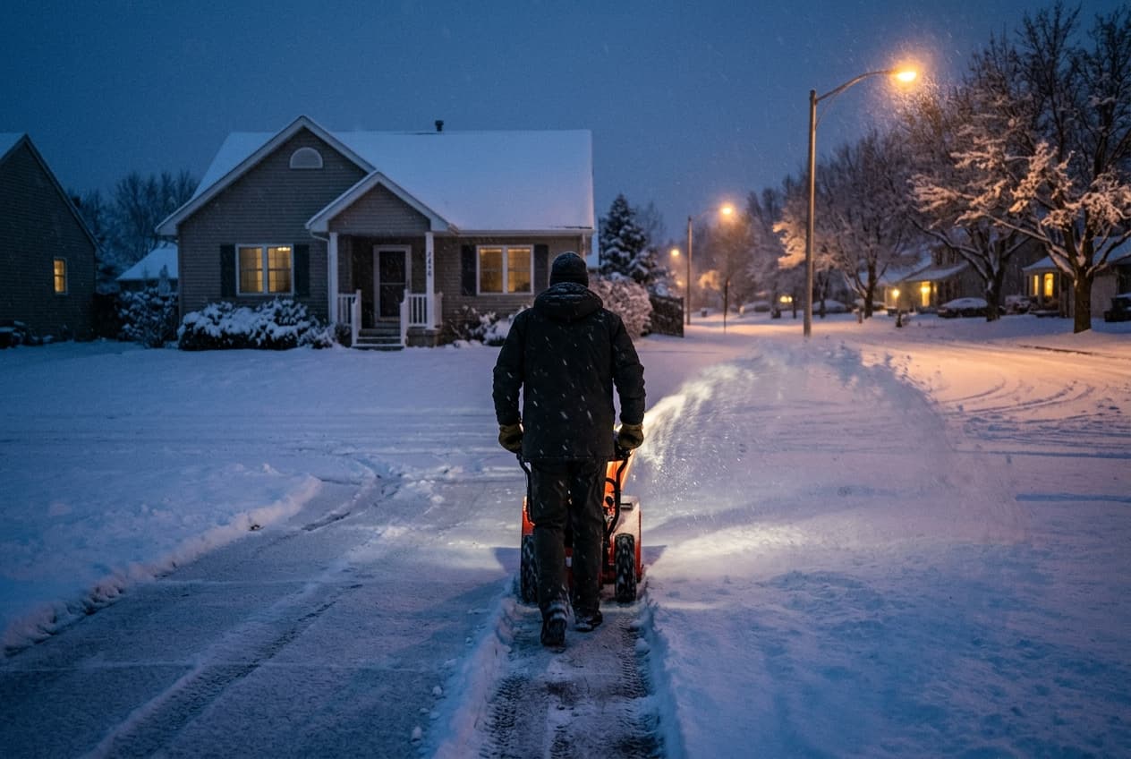 Clearing a residential driveway with a snowblower before sunrise, Rockford IL